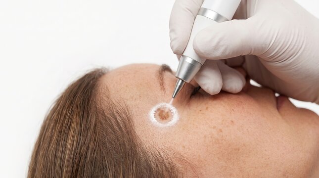 Dermatologist performing cryotherapy treatment to remove age spot or seborrheic keratosis on face
