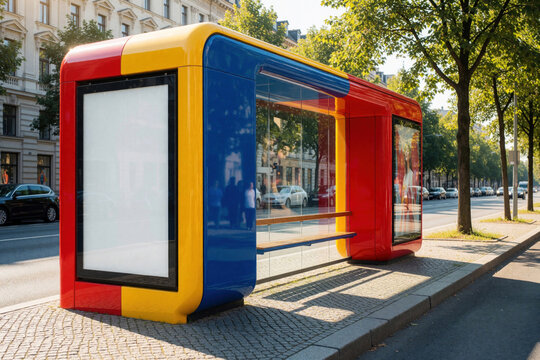 Modern colorful bus stop shelter on city street corner. Red blue, yellow urban design features advertising posters, glass walls. People wait for public transport near sidewalk with trees, buildings