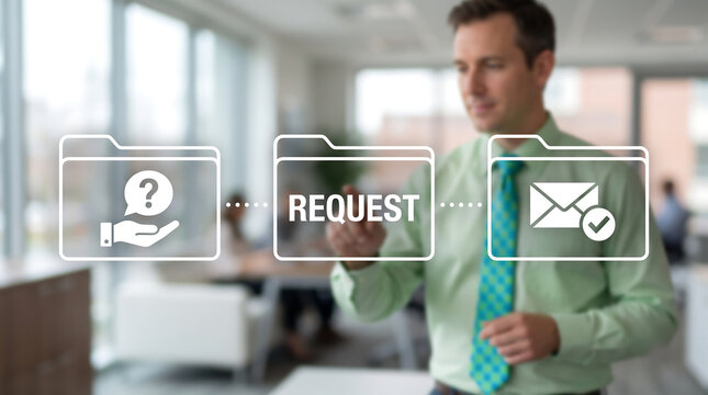 Concept of request. Business person using virtual touch screen presses the text REQUEST businessman touching screen