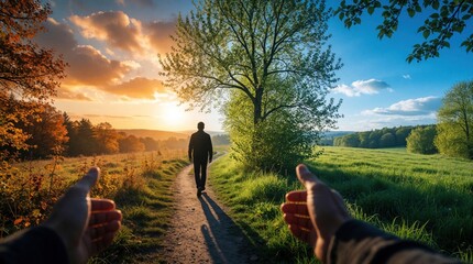 Obraz premium First person view of person walking on path through green field toward large tree. Golden sunset sky with clouds over hills. Man travels along dirt road in summer landscape. Immersive view showing