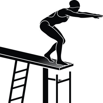 Female swimmer athlete standing on high diving board ready to jump pool sports tournament vector illustration