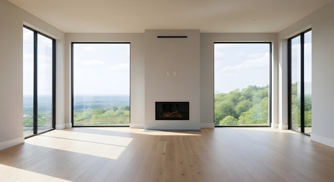 Modern empty room with large windows overlooking green hills and distant city