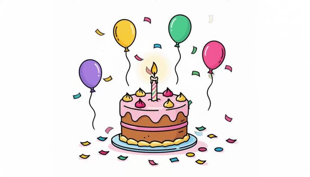 Birthday cake with lit candle colorful balloons and confetti festive celebration concept isolated on white background