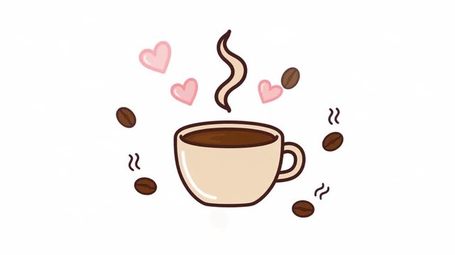 Cute coffee cup with steam and hearts illustration of hot beverage with coffee beans perfect for cafe branding and morning concept