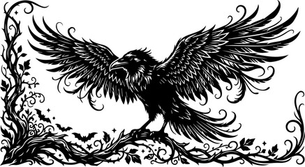 Fototapeta premium Black Raven Bird with Spreading Wings and Gothic Decorations Isolated