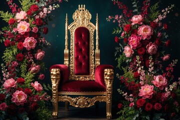 Obraz premium Majestic red velvet throne with gold ornaments sits between rich floral arrangements. Ornate royal seat surrounded by pink, red roses, peonies, green leaves. Luxury furniture in garden style with