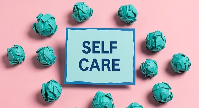 Self Care Concept with Crumpled Paper Balls on Pink Background.