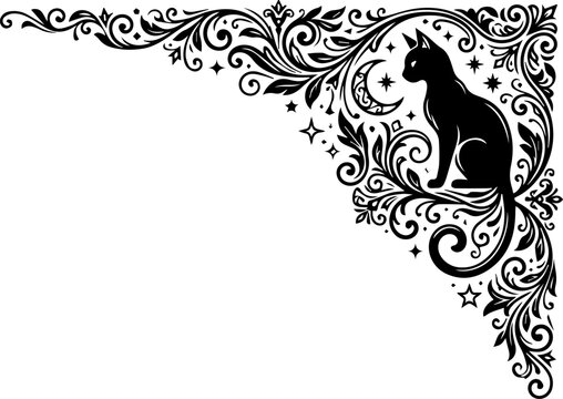Black cat corner border with moon stars and floral swirls