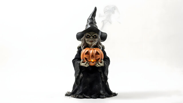 Spooky witch figurine holding glowing orange jack o lantern pumpkin standing on clean white background ideal for halloween decoration and festive concept designs.