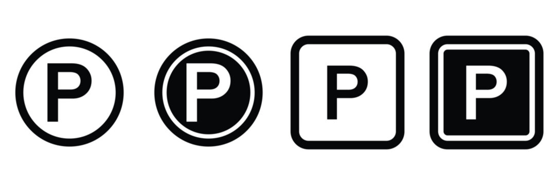 Modern Car Parking Sign and Location Icon Set with P Symbols, Parking Area, Station and Navigation 
Vector Collection