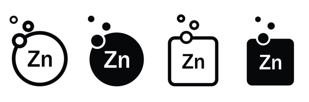 Zinc Zn Chemical Element Icon Set with Atomic Model, Periodic Table Symbol and Essential Mineral
 Concept Vector