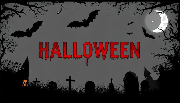 Texto HALLOWEEN en rojo sobre cementerio con murci&eacute;lagos y luna llena