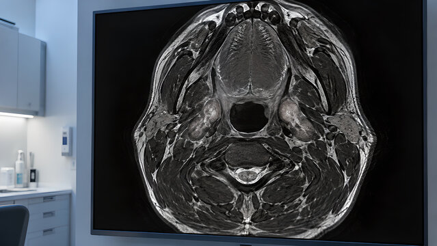 Early palatine tonsillitis in CT and MRI style radiology concepts, showing subtle tonsil enlargement and throat inflammation on clinical imaging displays for ENT education and patient care