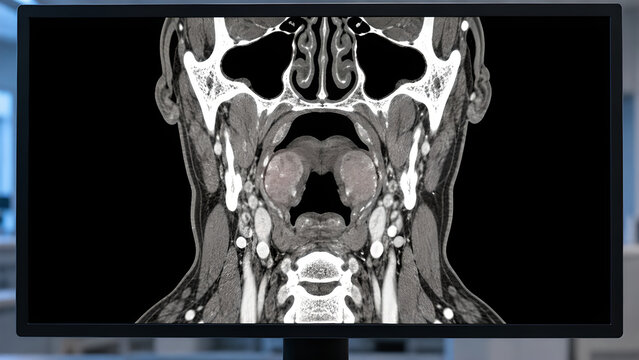Early palatine tonsillitis in CT and MRI style radiology concepts, showing subtle tonsil enlargement and throat inflammation on clinical imaging displays for ENT education and patient care