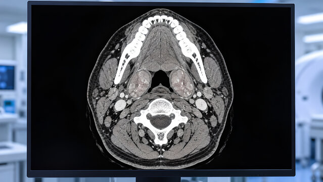 Early palatine tonsillitis in CT and MRI style radiology concepts, showing subtle tonsil enlargement and throat inflammation on clinical imaging displays for ENT education and patient care