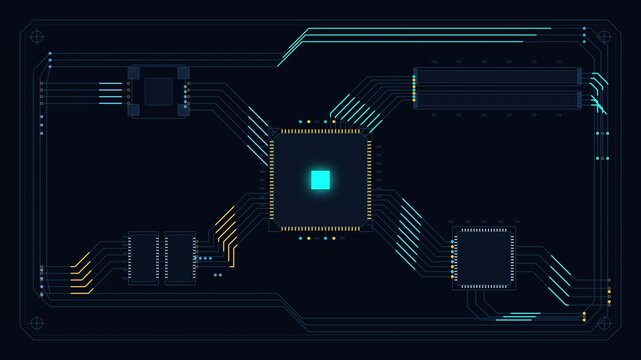 Hud technology cpu circuit animation loop with neon blue data pattern