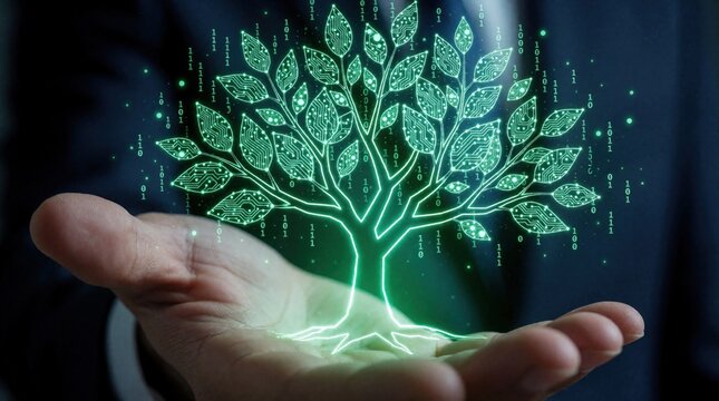 Businessman hand holds glowing digital tree with binary code, circuit pattern leaves. Abstract green tech concept represents data growth, artificial intelligence, eco innovation. Financial