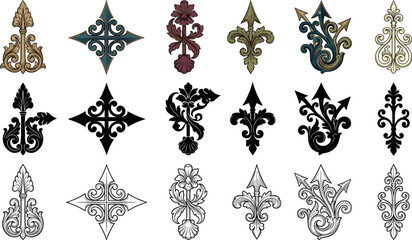 Vintage baroque vector ornament elements set featuring ornate spearheads gothic arrows fleur de lis silhouettes and detailed line art outlines © AFSANA AKTER