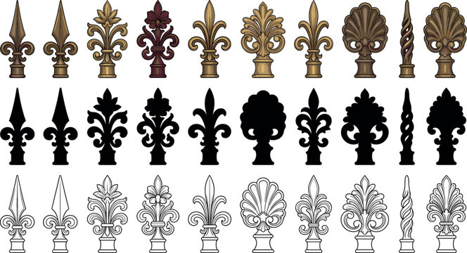 Vintage baroque vector ornament elements set featuring ornate spearheads gothic fence finials fleur de lis silhouettes and detailed line outlines