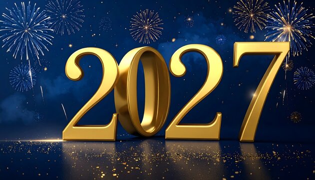 N&uacute;mero 2027 dorado con fuegos artificiales sobre fondo azul nocturno