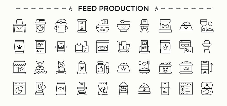 Set of Feed Production line icon. Featuring factory, plant, manufacturing, agriculture, food, farming and more. Set of line pictogram. Farm icon set. Editable vector.