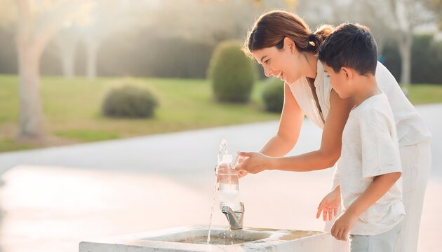 Mujer y ni&ntilde;o observando juntos una fuente de agua al aire libre