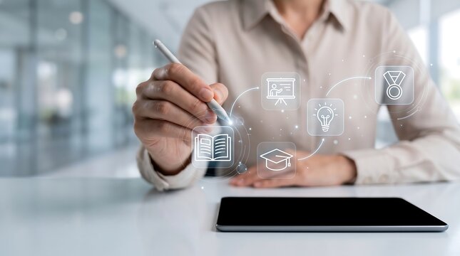 Student interacting with digital tablet using stylus to select academic icons for online lecture and school certification achievement in virtual classroom learning environment