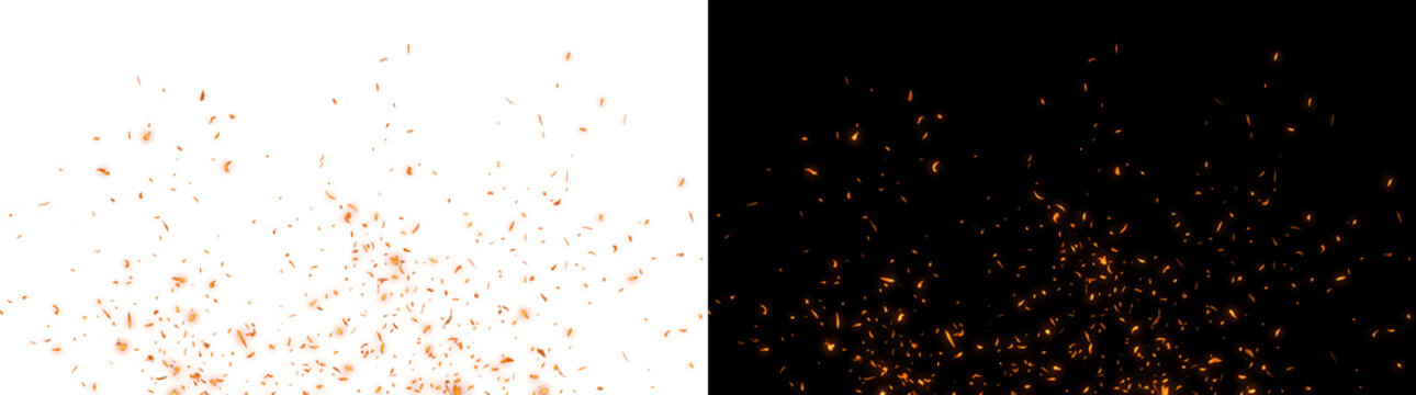 Fire embers glowing orange with scattered floating particles for overlay use in PNG, Transparent and Black Background Versions