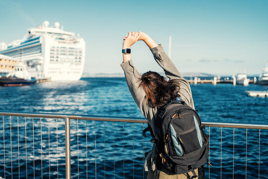 Tourist Enjoying the View at Constitution Dock and Hobart CBD, Tasmania, Australia, 1 November 2025