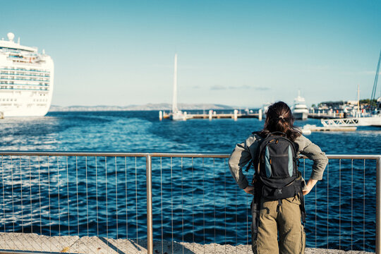 Tourist Enjoying the View at Constitution Dock and Hobart CBD, Tasmania, Australia, 1 November 2025