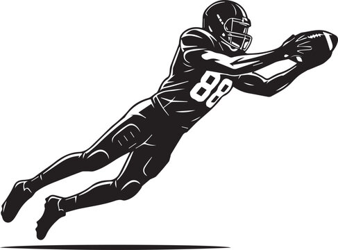 American football receiver diving in midair to catch ball with number 88 jersey in black silhouette.