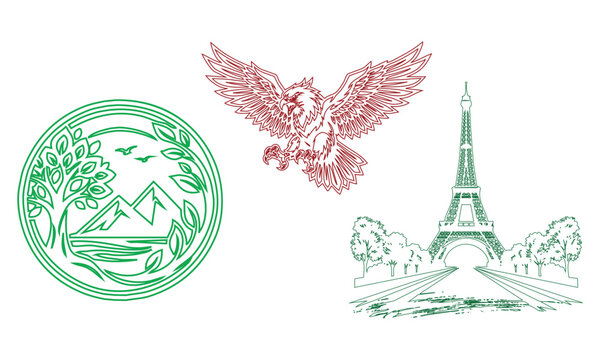 Set of line art vector illustrations featuring a nature badge, flying eagle, and Eiffel Tower