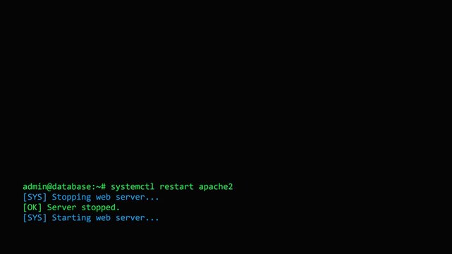 Dark mode server terminal UI showing critical system failure and apache restart error