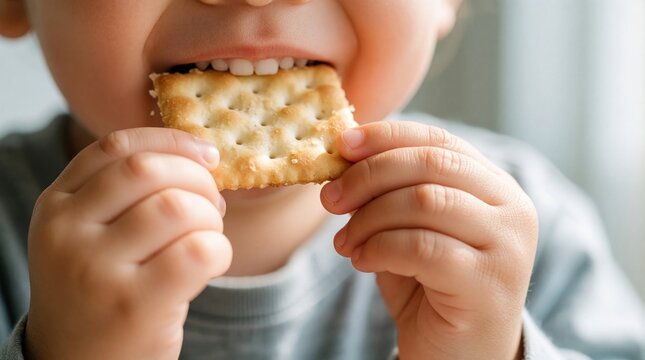 Toddler hands hold square cracker for eating. Small child bites snack during meal time. Close up of young kid enjoying salty biscuit. Healthy childhood nutrition concept shows tasty food consumption