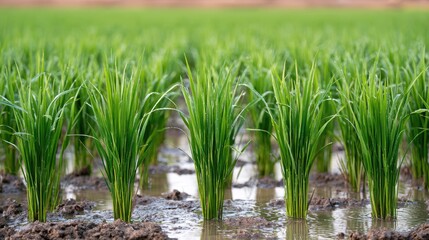 Fototapeta premium Fresh Green Rice Plants Growing in Fertile Waterlogged Field Under Clear Sky