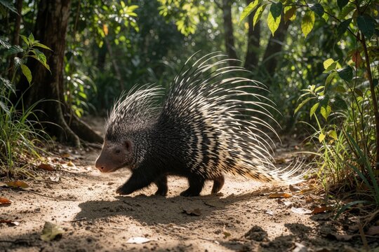 Majestic crested porcupine walks along forest path. Long black, white quills stand out against green jungle background. Wild rodent travels through natural habitat during day. Exotic animal life in