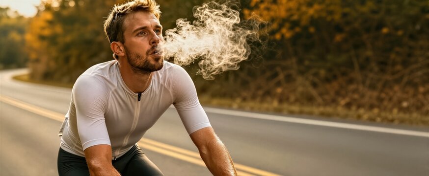 Captures Middle Aged Caucasian Male Cyclist In Midst Of Ride Dressed Sporty Attire Consisting White Long Sleeved Cycling Jersey