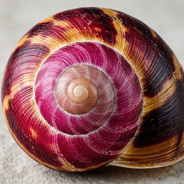 Macro closeup of colorful spiral snail shell on sand. Vibrant purple red, yellow patterns form unique organic texture. Beautiful seashell spiral shape shows natural geometry, intricate detail in