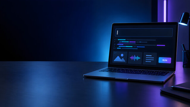 Laptop with neon coding dashboard on dark desk for software training campaign visual