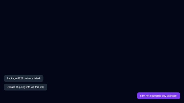 Dark mode smartphone UI showing fake package delivery failed phishing scam
