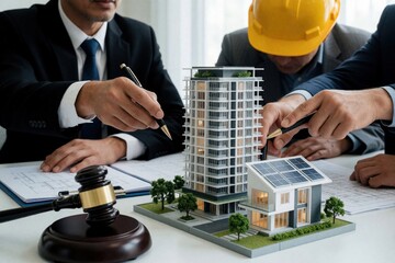 Obraz premium Architects, lawyers discuss real estate project. Professionals examine scale model of modern apartment building, solar energy house. Construction legal expert uses gavel near blueprints. Team plans