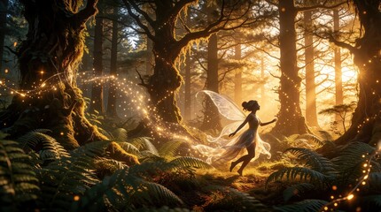 Obraz premium Magical fairy with glowing wings dances in enchanted pine forest. Ethereal light weaves through ancient trees, ferns at twilight. Fantasy woman sprite moves among sparkles, golden sunbeams in