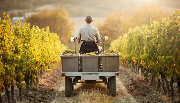 Persona conduciendo un veh&iacute;culo agr&iacute;cola entre hileras de vi&ntilde;edo