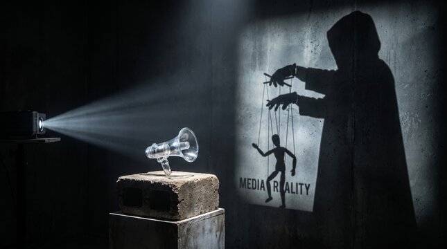 Media Manipulation and Fake News - Glass Megaphone Loudspeaker with Shadow of Hooded Puppet Master Controlling Human Marionette Art
