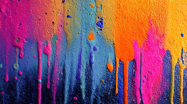smudge. Abstract wall with vibrant paint drips and splatters, showcasing creativity and artistic expression. event programs, museum guides, designed for cultural heritage projects and event programs.