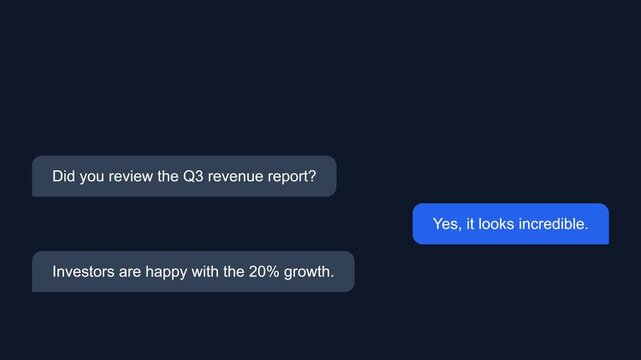 Dark mode smartphone UI showing Q3 revenue report business text messages