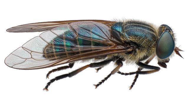Detailed macro view of a large horse fly with iridescent blue-green wings, isolated on transparent background
