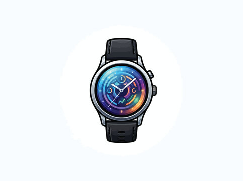 Modern black round digital smartwatch with wristband vector illustration isolated