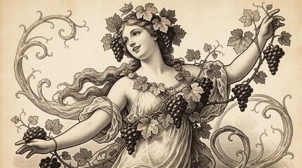 Obraz premium Vintage art nouveau illustration of joyful woman as maiden symbol. Graceful goddess wears grapevine crown with ripe grapes. Female figure decorated with rich leaves, fruit vines. Retro mythological