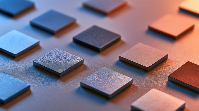 Metal and ceramic material samples under warm and cool lighting